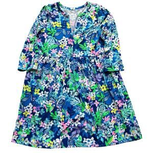 Lilly Pulitzer Split Neck Loran Dress 3/4 Roll Up Sleeve Borealis Blue Large